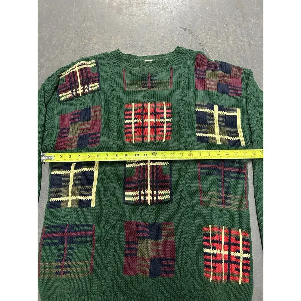 Cable Knit Christmas Sweater Forest Green Geometric Checked Crew Neck Mens Large